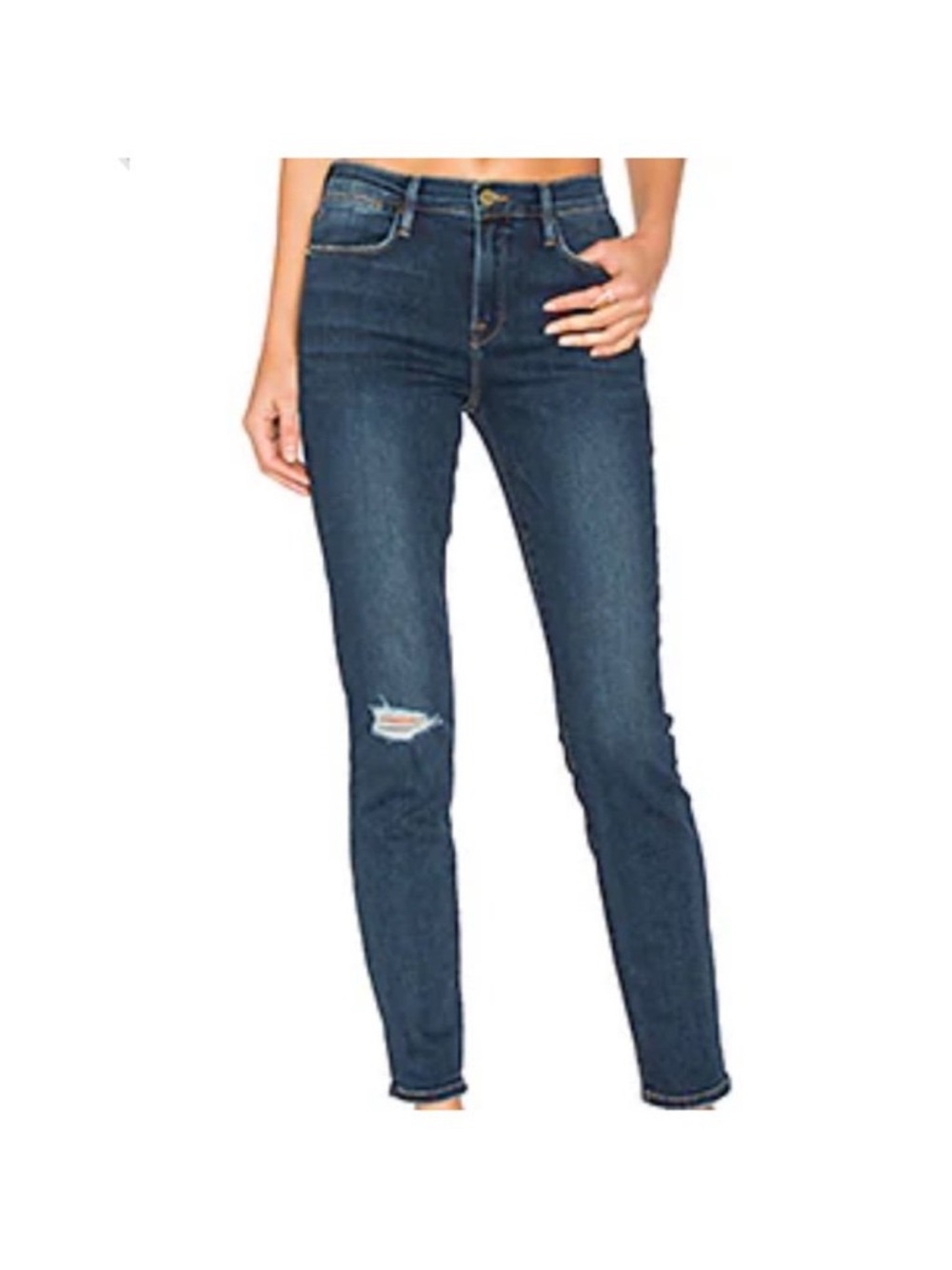 Frame Denim Dark Blue Skinny Jeans with Knee Rip